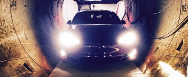 Tesla Model S inside Boring Company's tunnel
