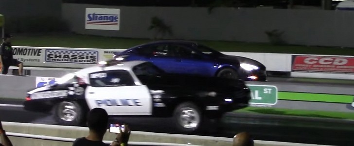 Tesla Model S Plaid Drags Big Tire Chevy Camaro Police Car on DRACS