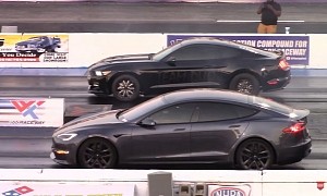 Tesla Model S Plaid Drags Turbo “Sleeper” Ford Mustang, Somebody Gets ICE-Walked