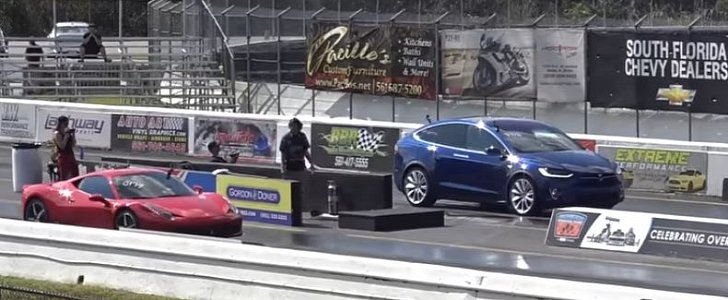Tesla Model X P90D vs. Ferrari 458 Drag Race