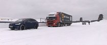 Tesla Model X Pulls 95,000 lbs (43 Tons) Semi on Its Own in the Snow