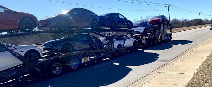 Tesla Model Y crossovers leave Giga Texas on car carriers