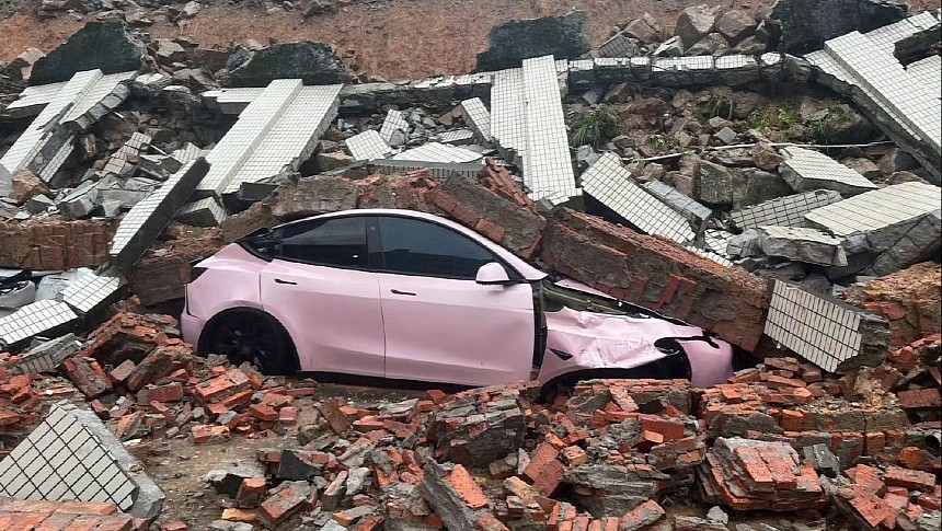 Pink Tesla Model Y almost intact after wall collapsed in China