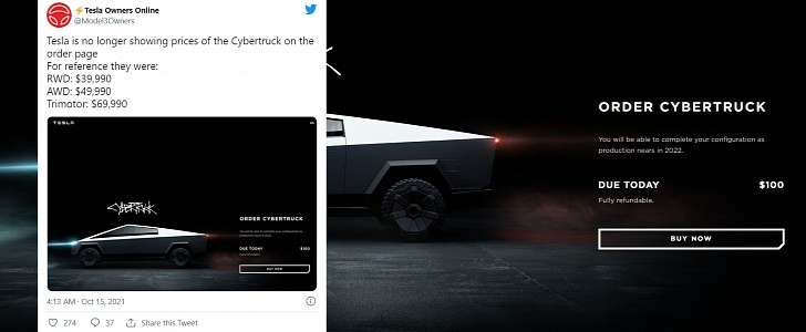 Tesla removed all prices for the Cybetruck from its website