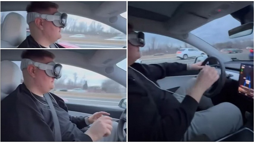 Guy Wearing Apple Vision Pro While Driving a Tesla