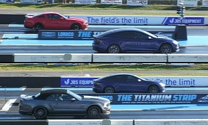 Tesla Plaid Drags Ford Mustang GTs and the Unthinkable Doesn't Happen, Thrice