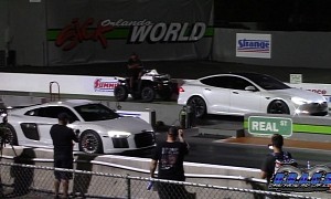 Tesla Plaid Drags Porsches, Beats All, an Audi R8 Swiftly Interrupts the Win Streak