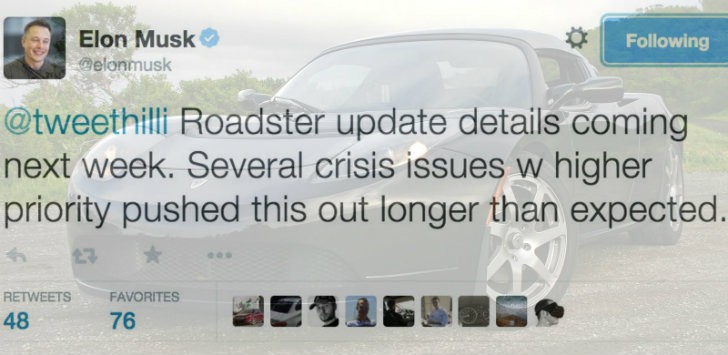 Elon Musk tweeting about Tesla Roadster update
