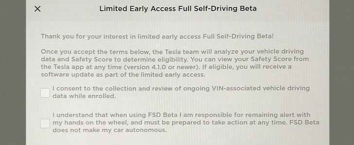 Tesla FSB Beta Request Disclaimer