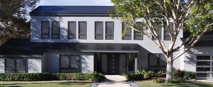 Tesla solar roof tiles house