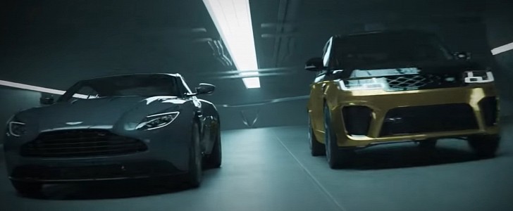 Aston Martin DB11 and Range Rover SVR racing in an underground parking
