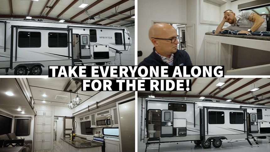 The 2023 Keyston Sprinter Limited 3900DBL has two kitchens, two full baths, a master suite, and a bunkhouse with a very creative layout