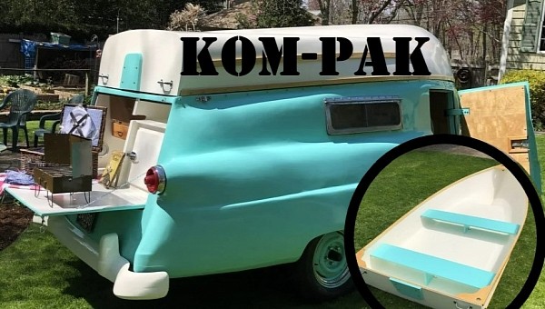 The Kom-Pak Sportsman trailer featured a boat for the roof, offered sleeping for two and a kitchen