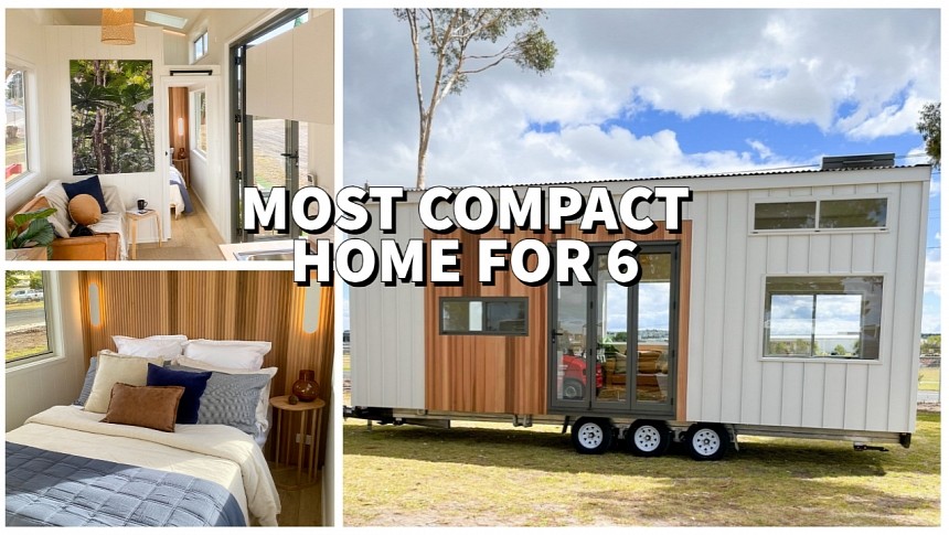 The Banksia is a surprisingly compact tiny home, can still sleep six people in comfort