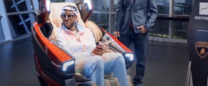 Rapper 2 Chainz tries the Lamborghini massage chair
