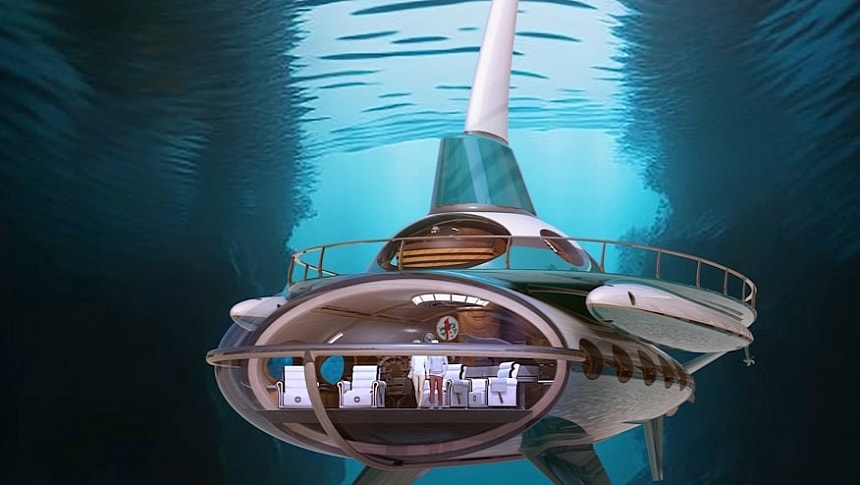 The Deep Sea Dreamer is a luxury expedition submarine designed for romantic billionaires