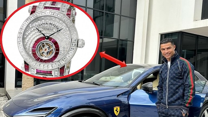 For his latest outing, Cristiano Ronaldo paired his Ferrari Purosangue with a limited-edition Franck Muller diamond watch