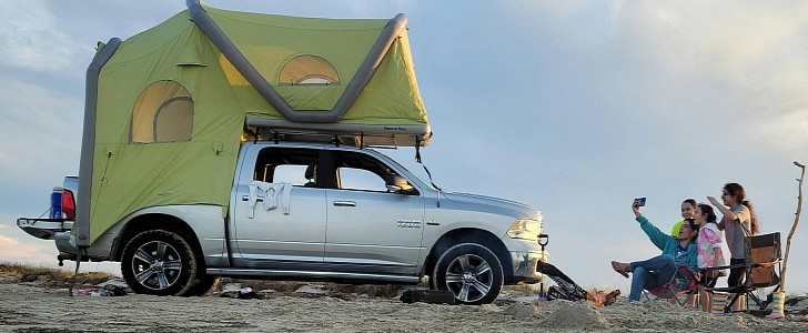 The GT Pickup tent or "Taco Tent," reportedly the only fully-inflatable rooftop tent in the world, offers sleeping for 2-3 adults