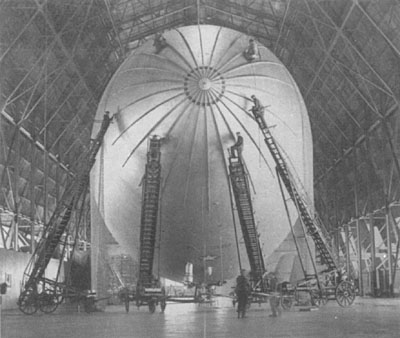 Lacing nose battens to the envelope of a World War II Airship