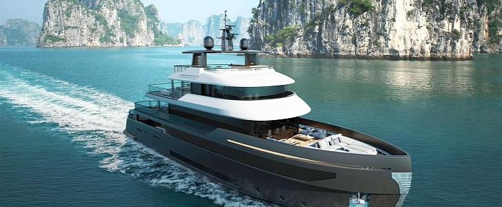 A rendering of the Goga green explorer shows the beautiful silhouette of this innovative yacht