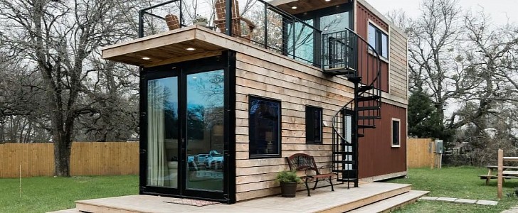 The Helm is a two-level tiny home with a private deck and two full bathrooms