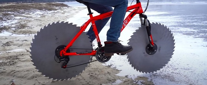 Riding a bicycle on a frozen lake takes some modifications: the Icycle has circular saws for wheels