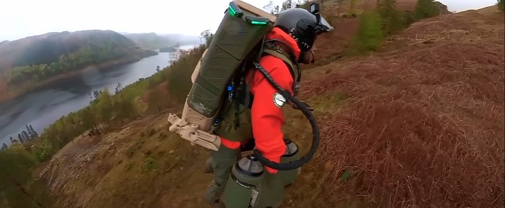 Gravity Industries' Jet Suit flying up the Helvellyn mountain