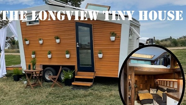 The Longview tiny house has fold-out deck with awning, two sizable skylights to maximize space