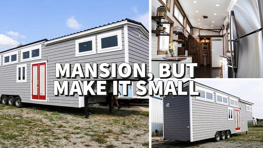 The Mini Mansion is a gooseneck tiny styled like an elegant country home