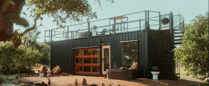 The Porter is a premium container home with a rooftop patio and elegant desert Boho design