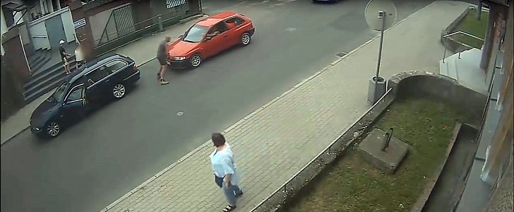 Road Rage with car versus man