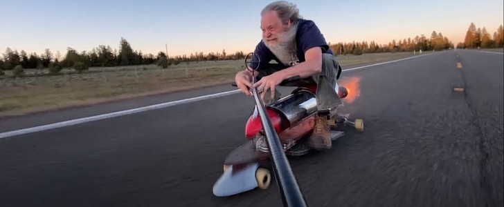 The Rocketman goes skating on his ACME jet engine-powered board