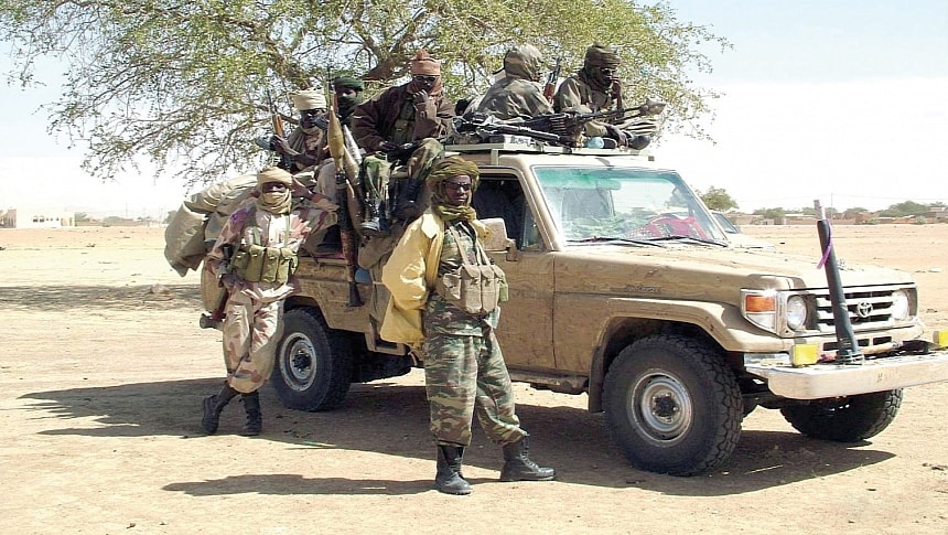 Chadian soldiers in a Toyota pickup truck