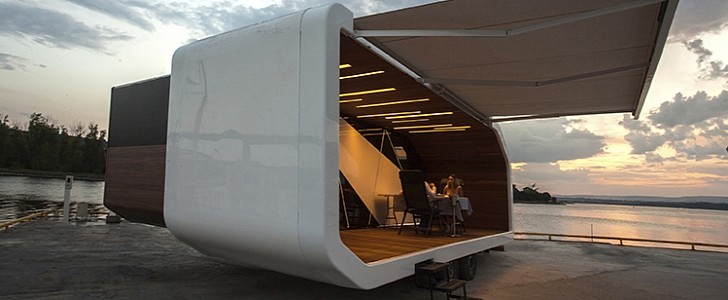 The Vaya is a trailer-based mobile home that triples in size when at camp
