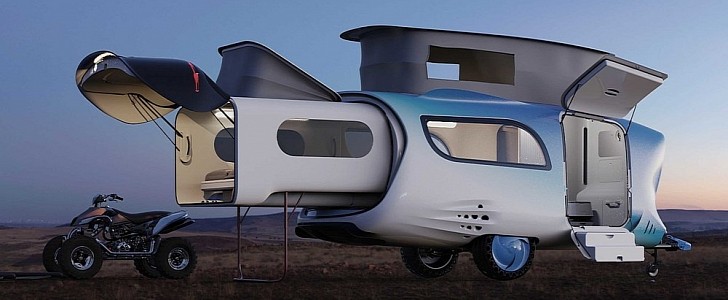 The Whale Trailer Cabin imagines a trailer that blows up into a family-sized residence at camp