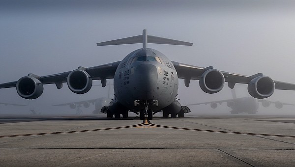 C-17 Globemasters lurk in the mist before largest launch from a single base