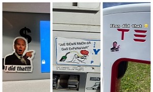 There's an Ongoing Sticker Battle at Gas Pumps, Tesla Owners Joined It Too