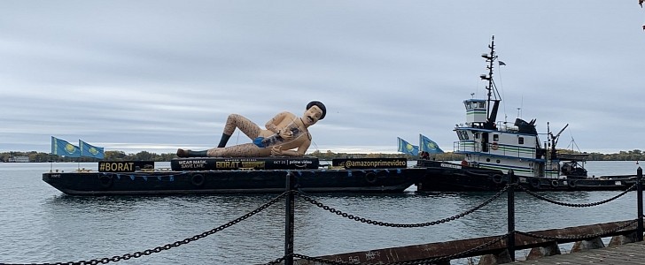 Borat floats on barge in Toronto, gets the laughs and attention