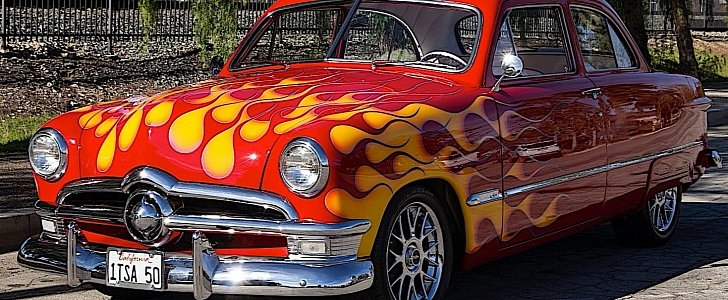 Custom 1950 Ford with bad-looking flames