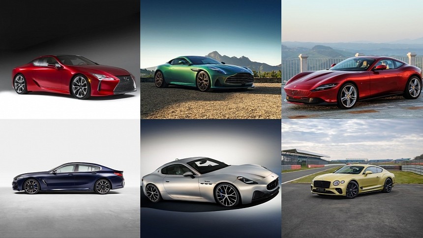 GT collage (Lexus LC 500, BMW M850i Gran Coupe, Maserati Gran Turismo Modena, Ferrari Roma, Aston Martin DB12, Bentley Continental GT Speed)