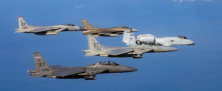 A-10 Thunderbolt, F-16 Fighting Falcon and F-15EX Eagle II flying together