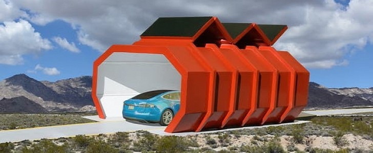 The Red Solar Charging Station is a steel structure with photovoltaic panels on top