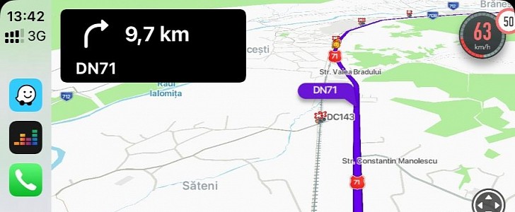 Waze on CarPlay with the current speed indicator partially outside the screen