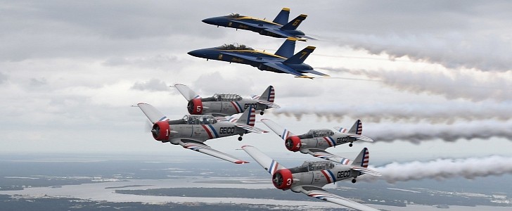 Four of the the Geico SNJs are joined by U.S. Navy Blue Angels