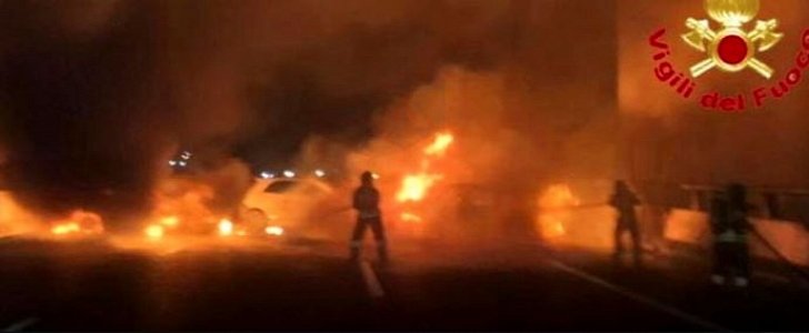 Cars burn in both directions of the highway in Italy after failed heist on armored truck