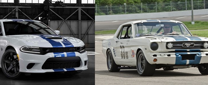 2019 Dodge Charger SRT Hellcat with Dual Blue stripes versus Shelby Mustang racing car