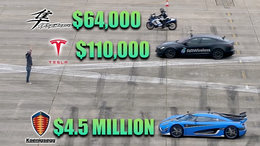 This $4.5 Million Koenigsegg Is Put To Shame by a $64K Hayabusa and a Tesla Model S Plaid