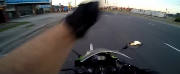 Rider breaks car mirror off