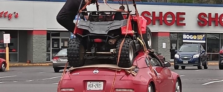 A Nissan 350Z is an odd choice to haul an SxS, but not for this dude