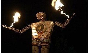 This Awesome Flame-Throwing, 30-Foot Tall Robot Is Made From Airplane Parts